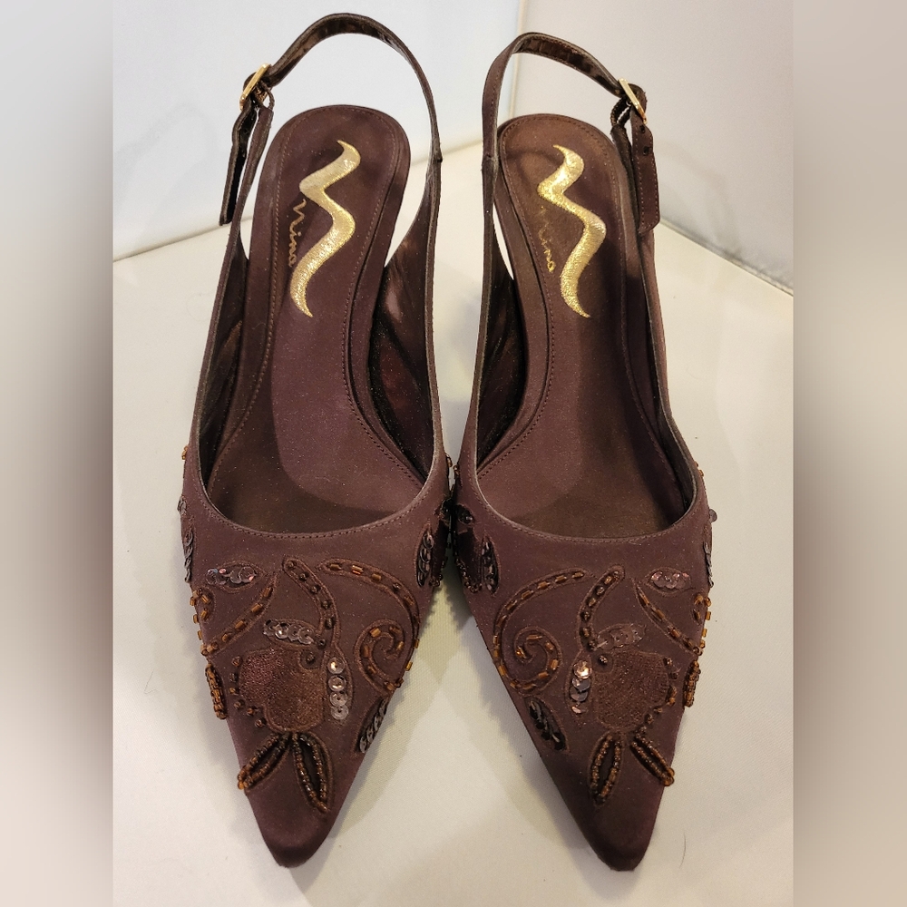 Nina Chocolate Luster Slingback Heels with Beadwork